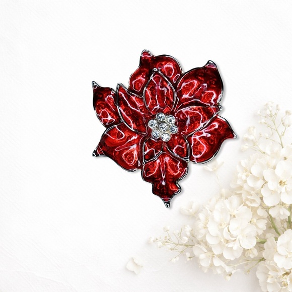 6365. Red Floral Crystal Brooch Christmas Poinsettia - Picture 3 of 3